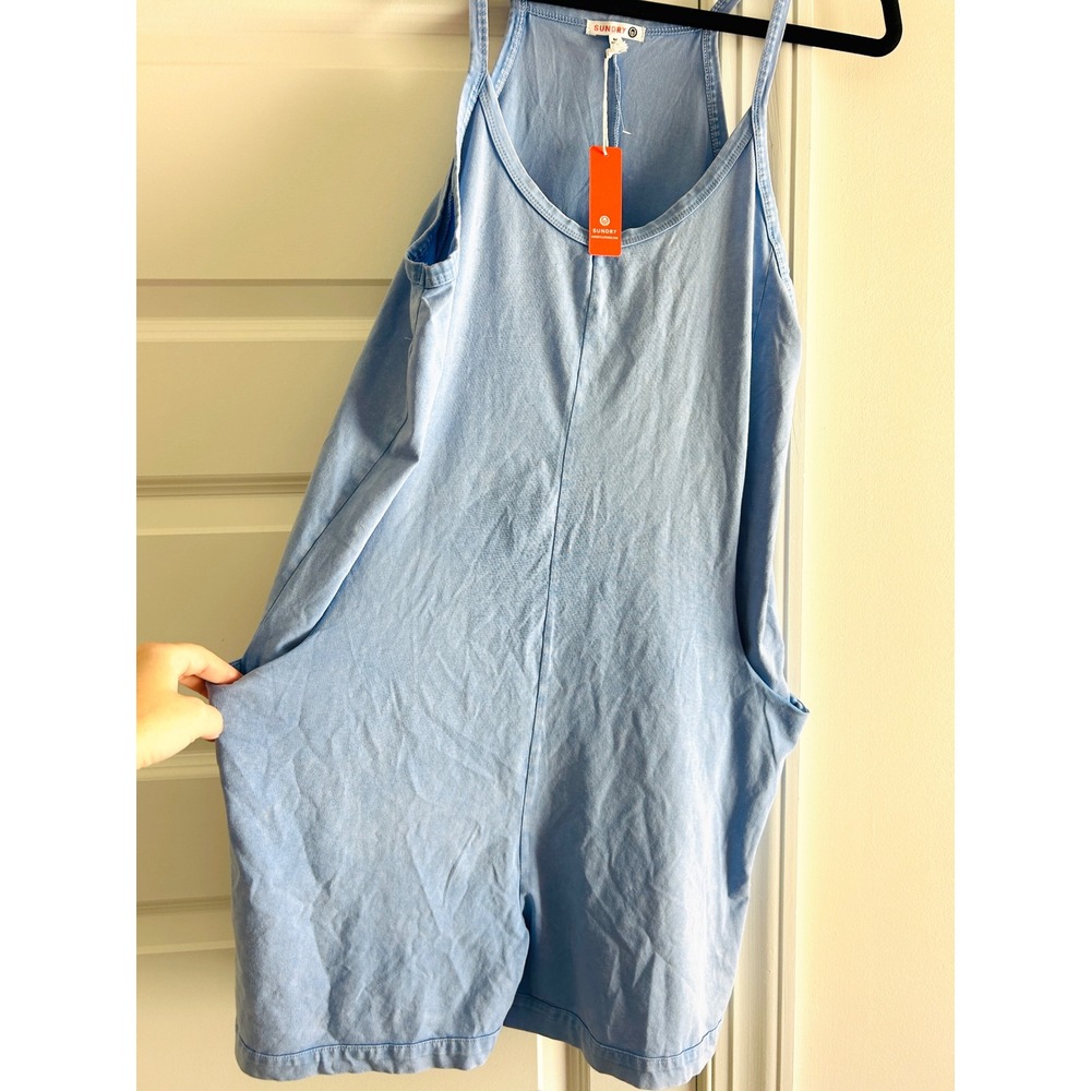 Anthropologie Sundry Womens Light Blue Cotton Blend Sleeveless Romper Pockets M